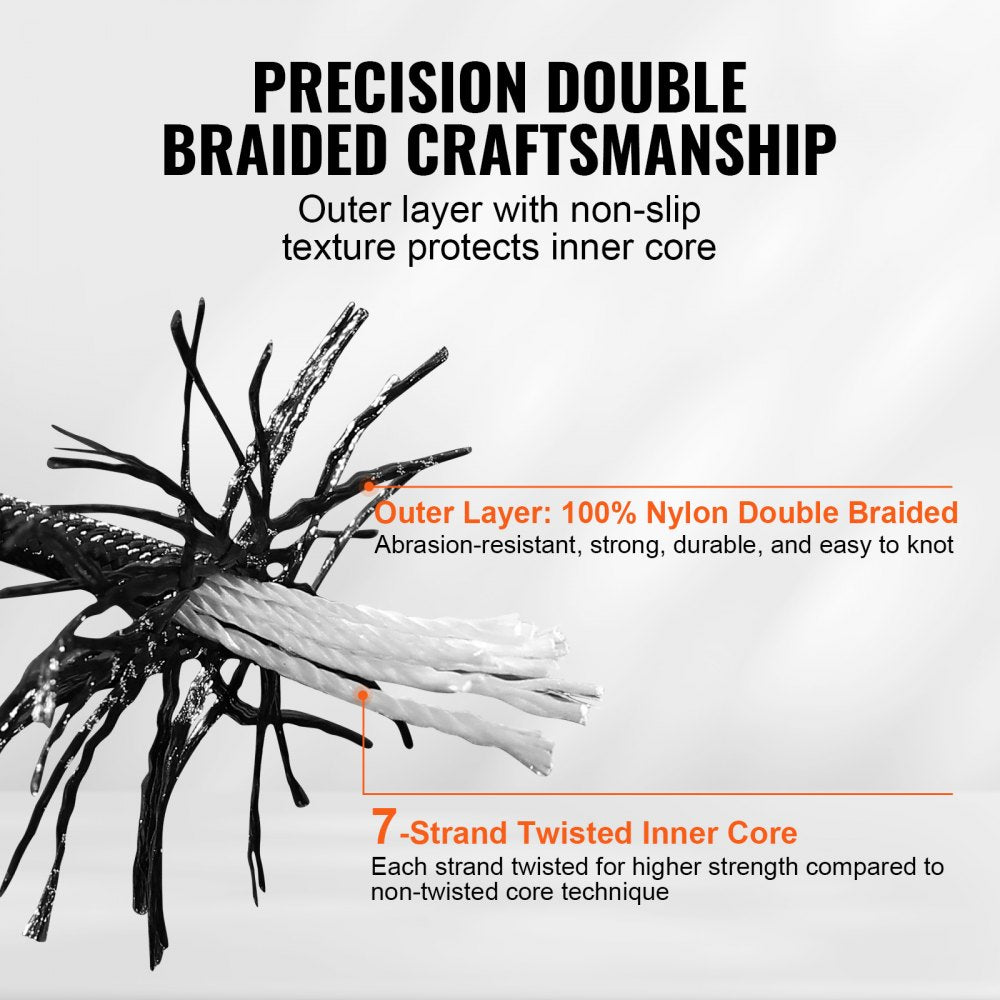 VEVOR Braided Nylon Cord, 3/16 inch by 250 feet, 32-Strand Design, 720 LBS Tensile Strength, Multi-Purpose Black Rope
