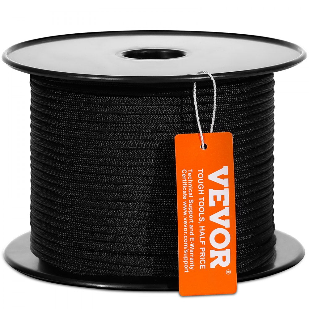VEVOR Braided Nylon Cord, 3/16 inch by 250 feet, 32-Strand Design, 720 LBS Tensile Strength, Multi-Purpose Black Rope