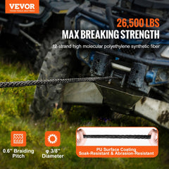 VEVOR Synthetic Winch Rope, 3/8 Inch x 85 Feet 26,500 lbs Synthetic Winch Line Cable Rope with Protective Sleeve +