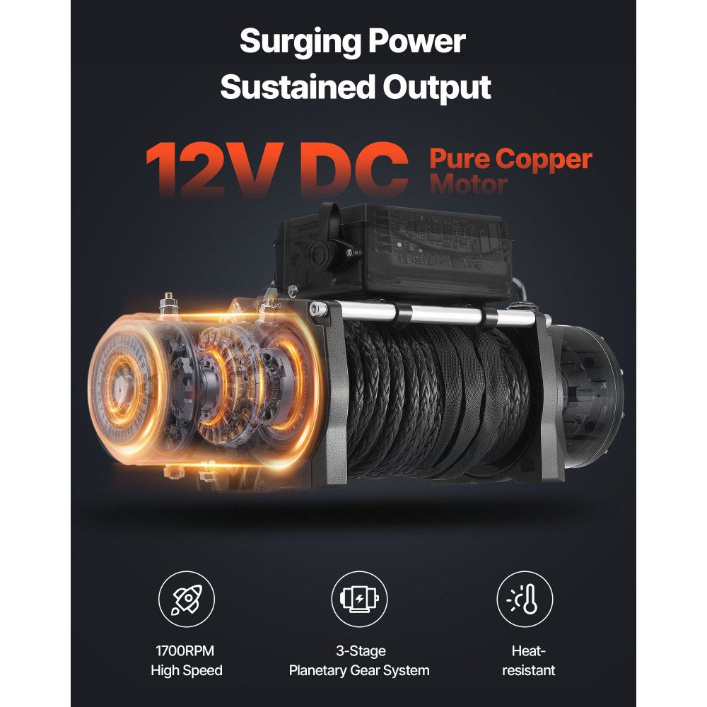 VEVOR Electric Winch, 13500 lbs Load Capacity, 12V DC Truck Winch with Φ3/8 in x 85 ft Synthetic Rope, Wireless & Wired