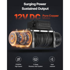 VEVOR Electric Winch, 13500 lbs Load Capacity, 12V DC Truck Winch with Φ3/8 in x 85 ft Synthetic Rope, Wireless & Wired