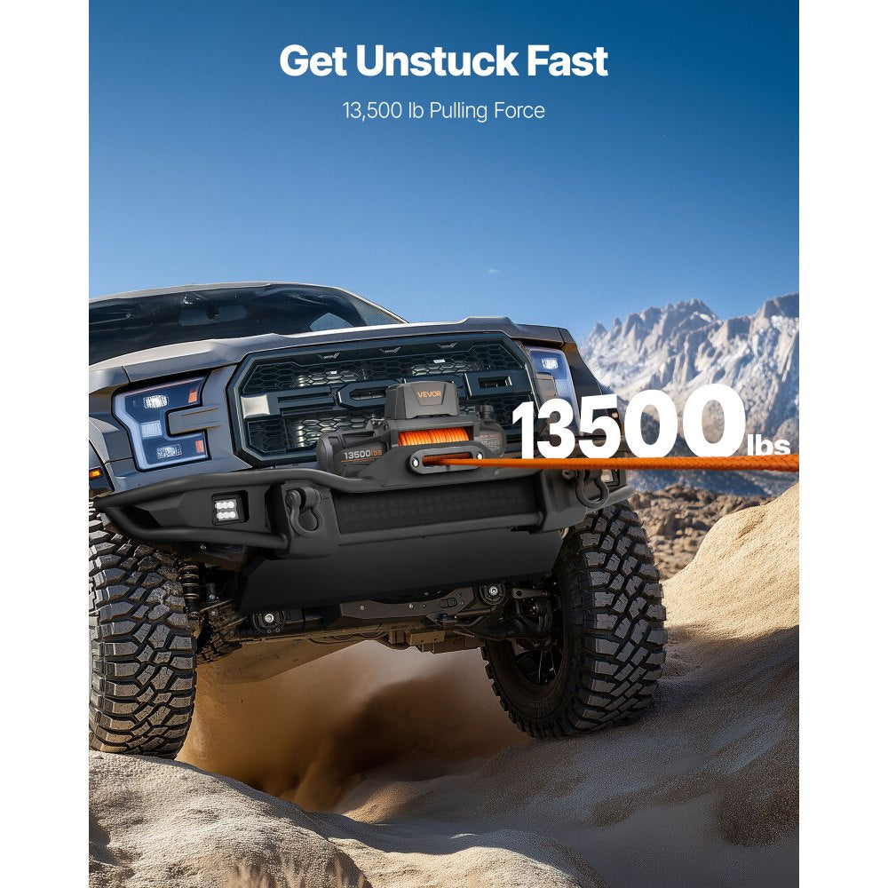 VEVOR Electric Winch, 13500 lbs Load Capacity, 12V DC Truck Winch with Φ3/8 in x 92 ft Synthetic Rope, Wireless & Wired