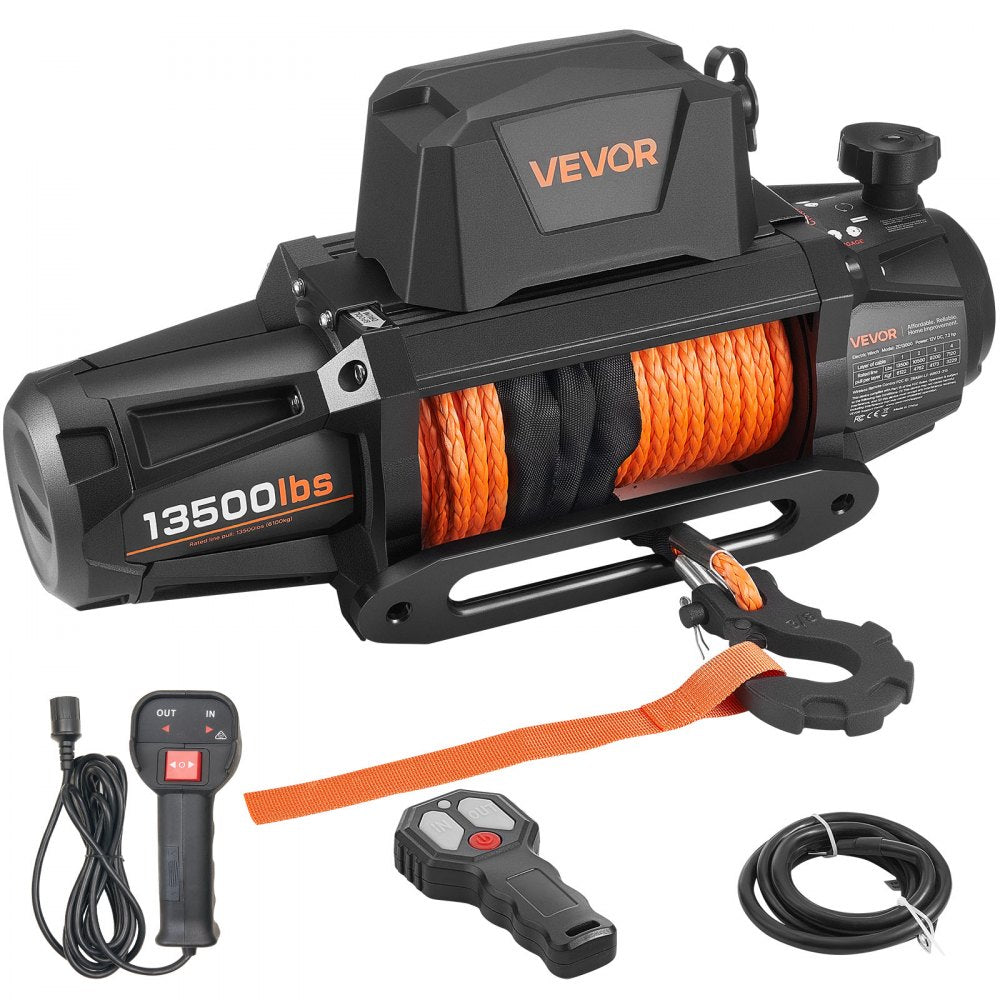 VEVOR Electric Winch, 13500 lbs Load Capacity, 12V DC Truck Winch with Φ3/8 in x 92 ft Synthetic Rope, Wireless & Wired