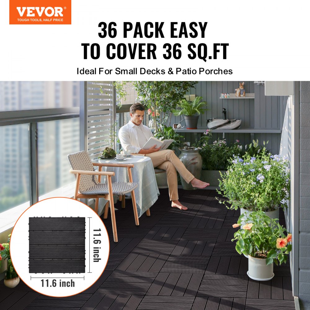 VEVOR Interlocking Deck Tiles, 36 Pack,11.6"x11.6" 36 sq. ft Plastic Waterproof Outdoor Flooring All Weather Use, Patio