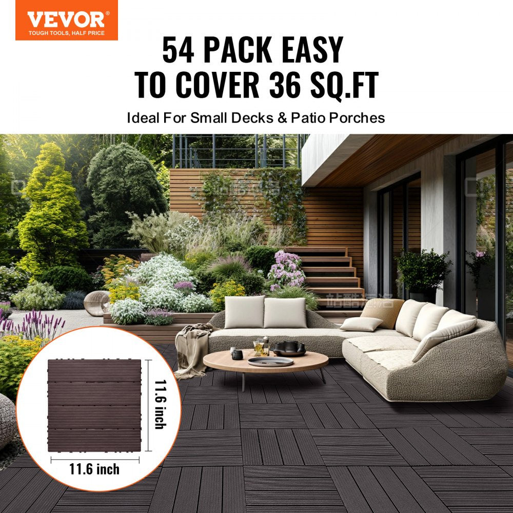 VEVOR Interlocking Deck Tiles, 54 Pack,12"x12" 54 sq. ft Plastic Waterproof Outdoor Flooring All Weather Use, Patio