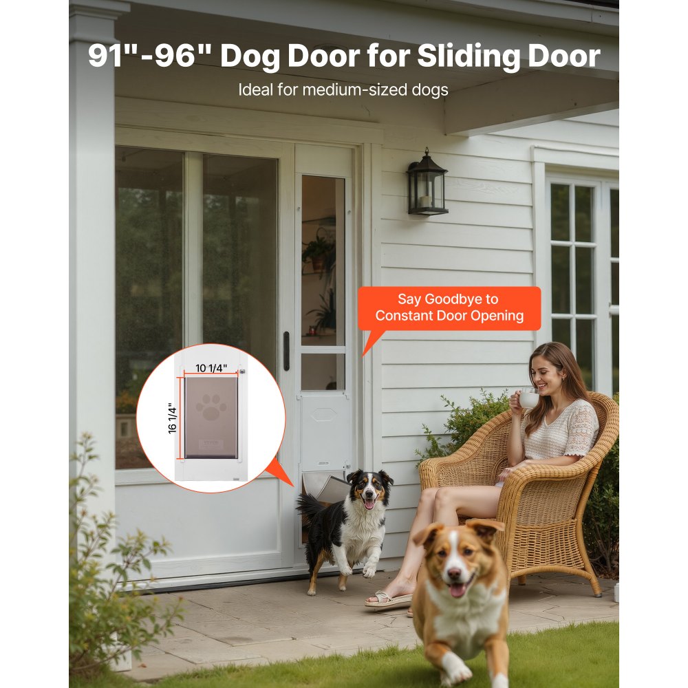 VEVOR Dog Door for Sliding Glass Door, 91 to 96 in Adjustable Height, Aluminum Alloy Frame with Metal Rotating Hinges