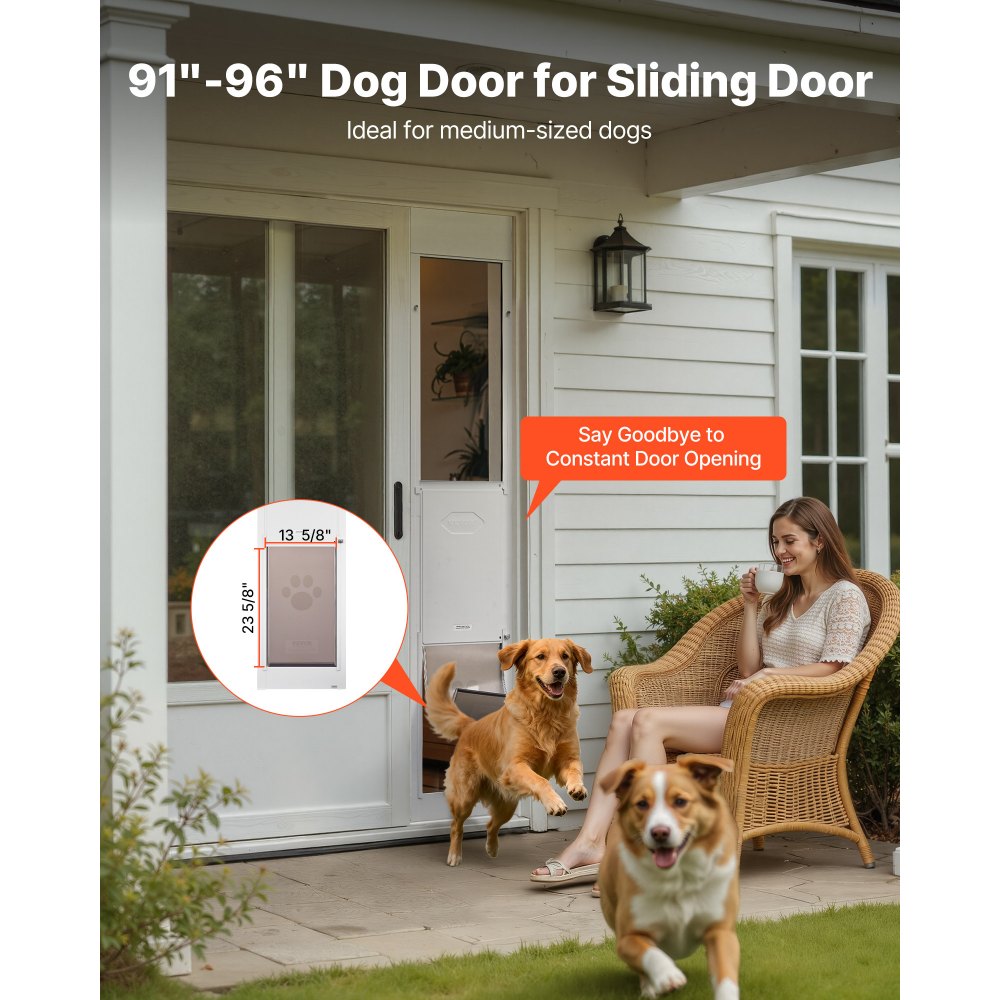 VEVOR Dog Door for Sliding Glass Door, 91 to 96 in Adjustable Height, Aluminum Alloy Frame with Metal Rotating Hinges