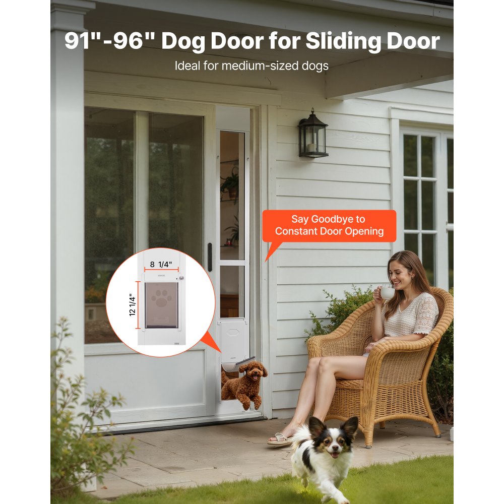 VEVOR Dog Door for Sliding Glass Door, 91 to 96 in Adjustable Height, Aluminum Alloy Frame with Metal Rotating Hinges