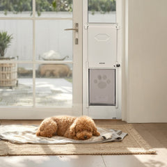 VEVOR Dog Door for Sliding Glass Door, 91 to 96 in Adjustable Height, Aluminum Alloy Frame with Metal Rotating Hinges