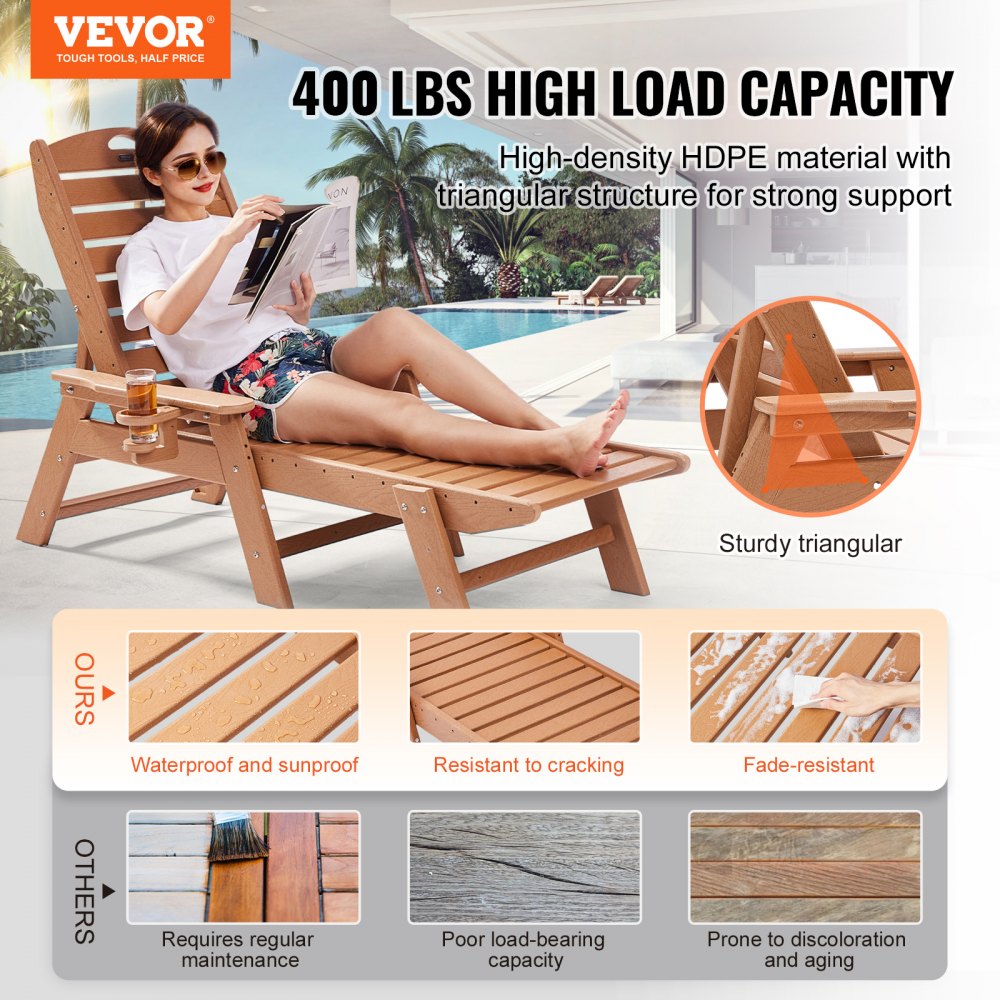 VEVOR Chaise Lounge Chair, 400 lbs Weight Capacity, 6 Positions Adjustable Patio Lounge Chair, Outdoor HDPE Lounge