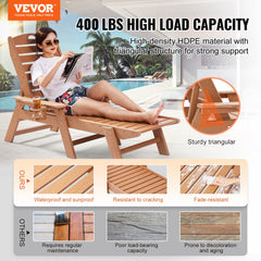 VEVOR Chaise Lounge Chair, 400 lbs Weight Capacity, 6 Positions Adjustable Patio Lounge Chair, Outdoor HDPE Lounge