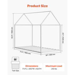VEVOR Twin Size House Bed Frame, Metal Kids Floor Bed Frame with Roof, Heavy Duty Steel Slats Support, House Shape