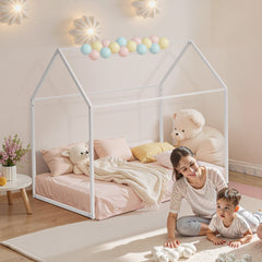 VEVOR Twin Size House Bed Frame, Metal Kids Floor Bed Frame with Roof, Heavy Duty Steel Slats Support, House Shape