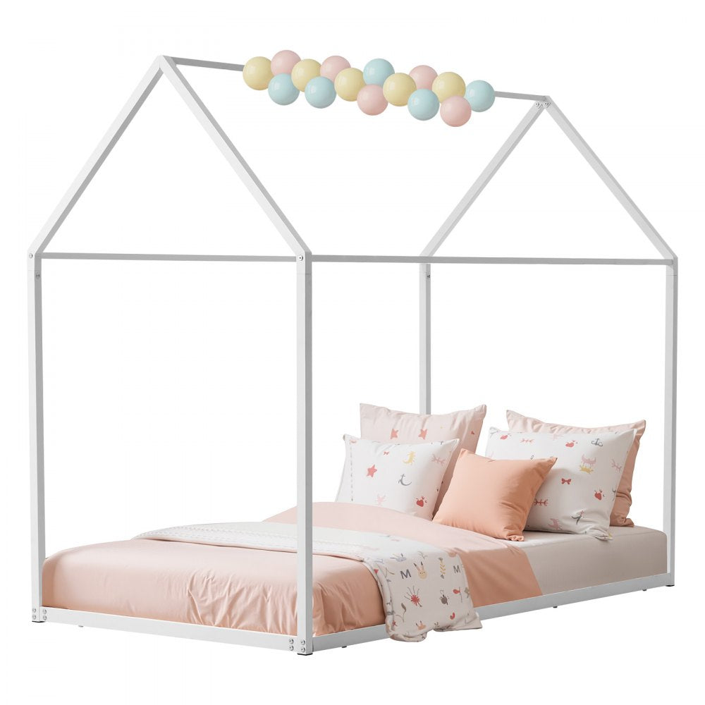 VEVOR Twin Size House Bed Frame, Metal Kids Floor Bed Frame with Roof, Heavy Duty Steel Slats Support, House Shape