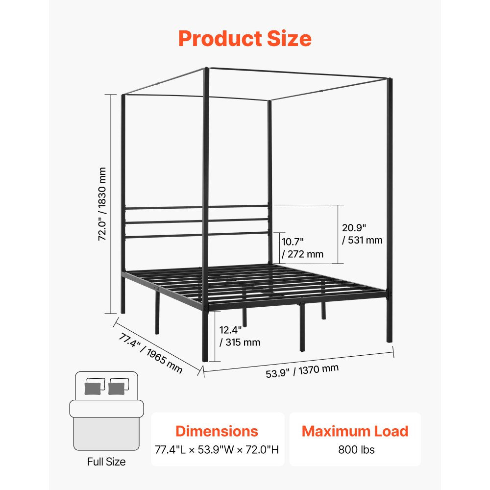 VEVOR Full Size Canopy Bed Frame, Metal Canopy Bed with Four Posters Design, Heavy Duty Steel Slats Support, Underbed