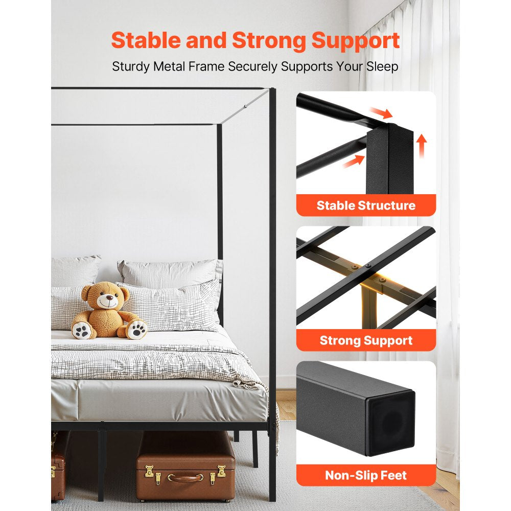 VEVOR Full Size Canopy Bed Frame, Metal Canopy Bed with Four Posters Design, Heavy Duty Steel Slats Support, Underbed