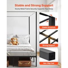 VEVOR Full Size Canopy Bed Frame, Metal Canopy Bed with Four Posters Design, Heavy Duty Steel Slats Support, Underbed