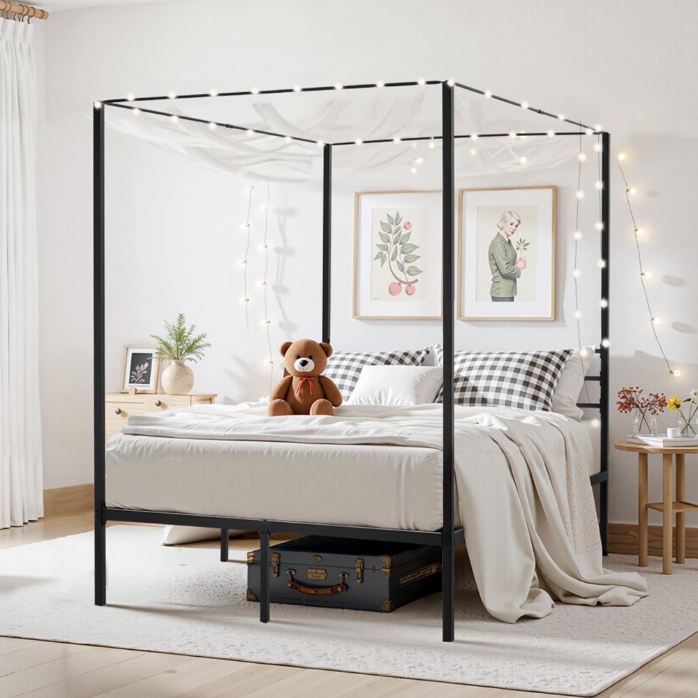 VEVOR Full Size Canopy Bed Frame, Metal Canopy Bed with Four Posters Design, Heavy Duty Steel Slats Support, Underbed