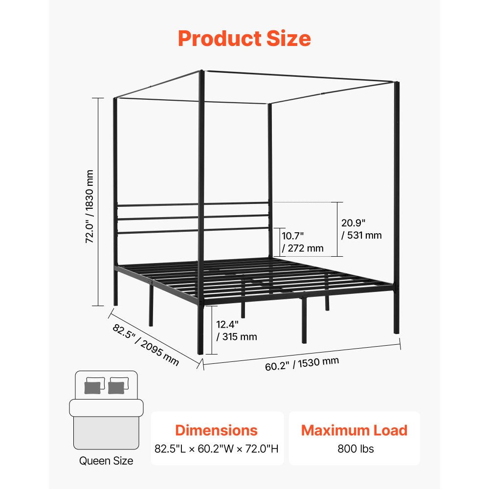 VEVOR Queen Size Canopy Bed Frame, Metal Canopy Bed with Four Posters Design, Heavy Duty Steel Slats Support, Underbed