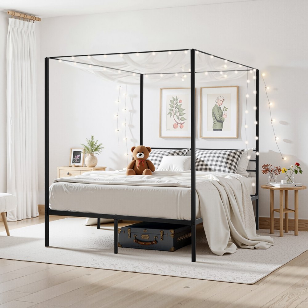 VEVOR Queen Size Canopy Bed Frame, Metal Canopy Bed with Four Posters Design, Heavy Duty Steel Slats Support, Underbed