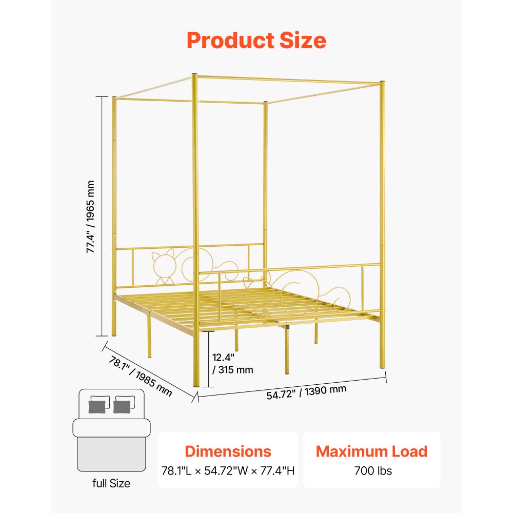 VEVOR Full Size Canopy Bed Frame, Metal Canopy Bed with Minimalist Headboard & Four Posters Design, Heavy Duty Steel