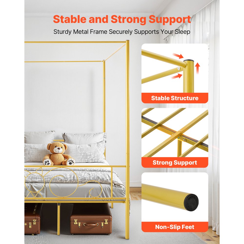 VEVOR Full Size Canopy Bed Frame, Metal Canopy Bed with Minimalist Headboard & Four Posters Design, Heavy Duty Steel