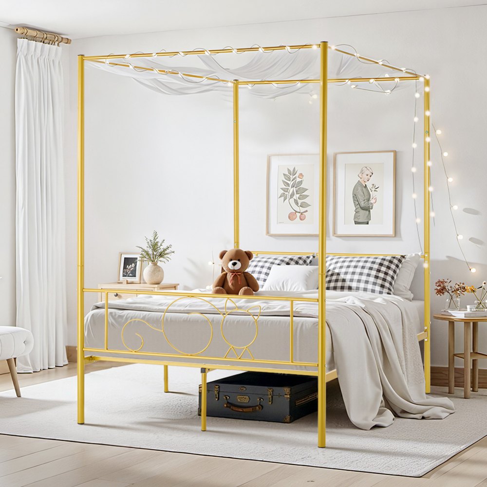 VEVOR Full Size Canopy Bed Frame, Metal Canopy Bed with Minimalist Headboard & Four Posters Design, Heavy Duty Steel