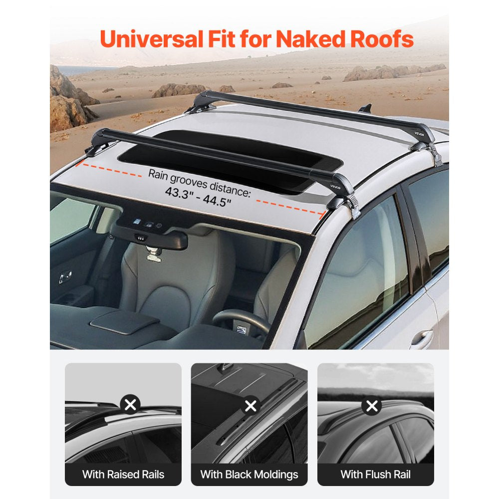 VEVOR Roof Rack Cross Bars, Universal Fit for Naked Roofs Without Raised Rails/Flush Rail/Black Moldings, 165 LBS
