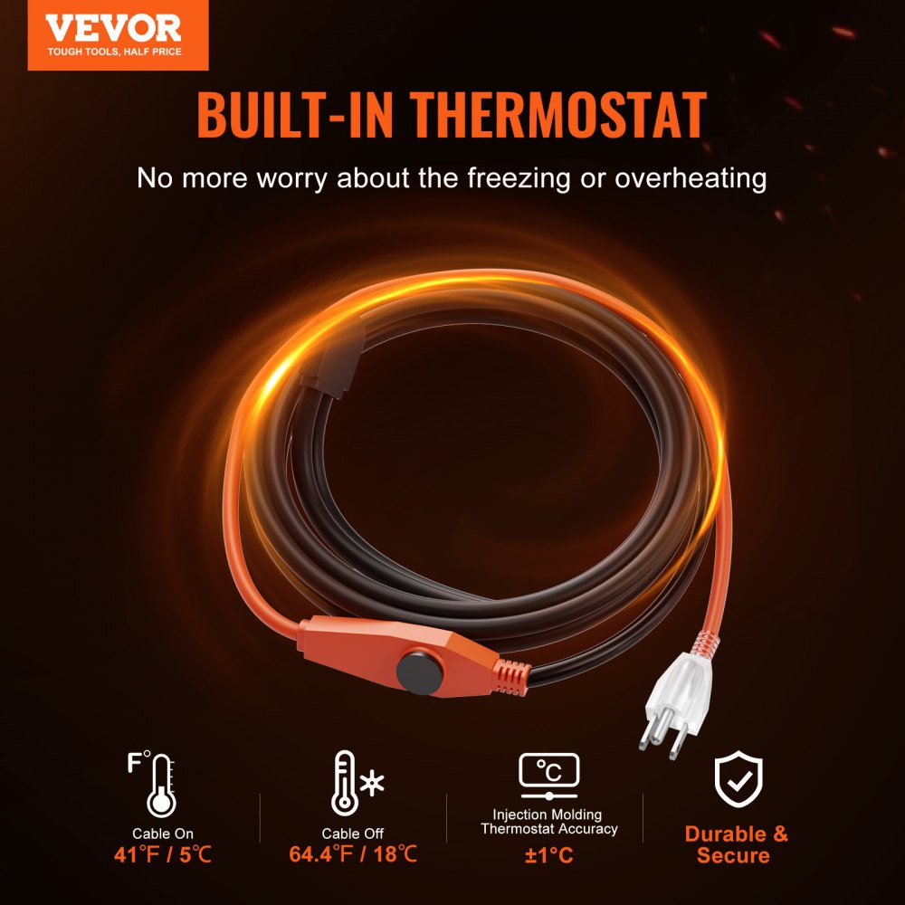VEVOR Pipe Heating Cable, 3FT 7W/FT Heat Tape for Pipes with Built-in Thermostat, Water Pipe Heat Cable Protects PVC