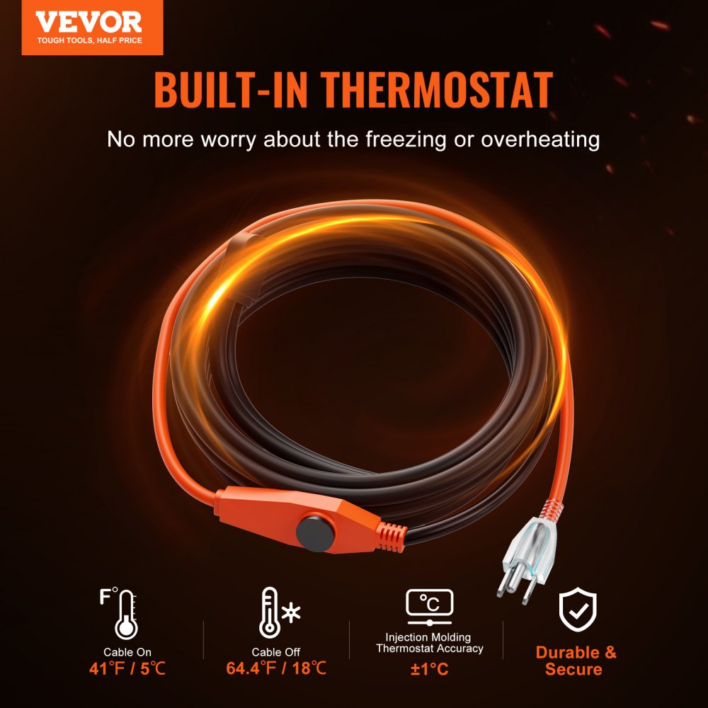 VEVOR Pipe Heating Cable, 80FT 7W/FT Heat Tape for Pipes with Built-in Thermostat, Water Pipe Heat Cable Protects PVC