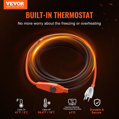 VEVOR Pipe Heating Cable, 80FT 7W/FT Heat Tape for Pipes with Built-in Thermostat, Water Pipe Heat Cable Protects PVC
