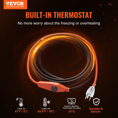 VEVOR Pipe Heating Cable, 9FT 7W/FT Heat Tape for Pipes with Built-in Thermostat, Water Pipe Heat Cable Protects PVC