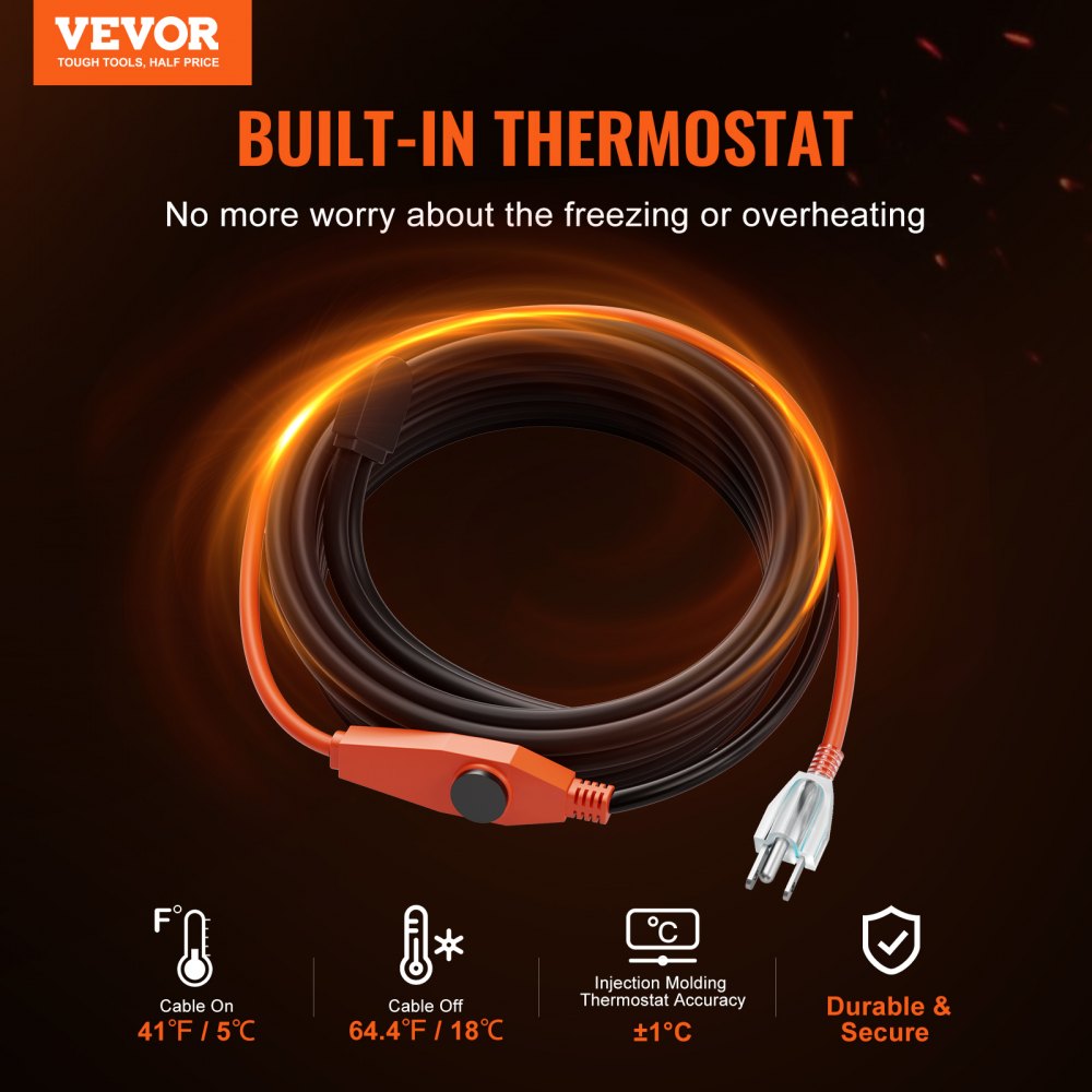 VEVOR Pipe Heating Cable, 30FT 7W/FT Heat Tape for Pipes with Built-in Thermostat, Water Pipe Heat Cable Protects PVC