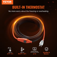 VEVOR Pipe Heating Cable, 30FT 7W/FT Heat Tape for Pipes with Built-in Thermostat, Water Pipe Heat Cable Protects PVC