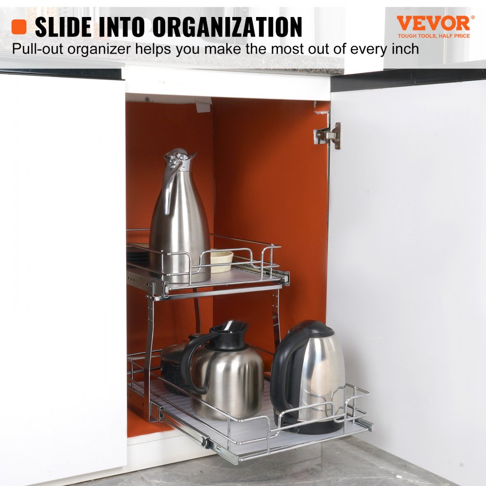 VEVOR 2 Tier 14"Wx21"Dx15"H Pull Out Cabinet Organizer, Heavy Duty Slide Out Pantry Shelves, Steel Roll Out Drawers
