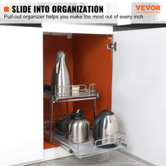 VEVOR 2 Tier 14"Wx21"Dx15"H Pull Out Cabinet Organizer, Heavy Duty Slide Out Pantry Shelves, Steel Roll Out Drawers