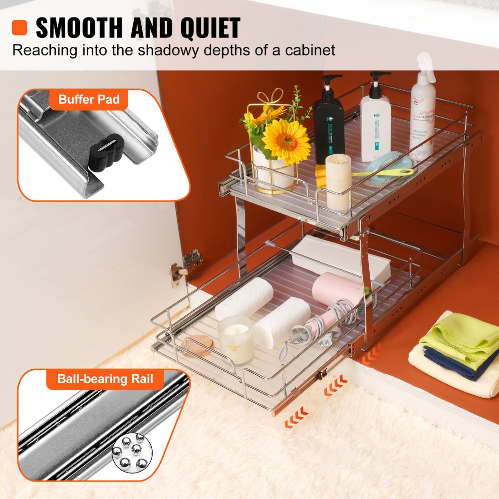 VEVOR 2 Tier 14"Wx21"Dx15"H Pull Out Cabinet Organizer, Heavy Duty Slide Out Pantry Shelves, Steel Roll Out Drawers