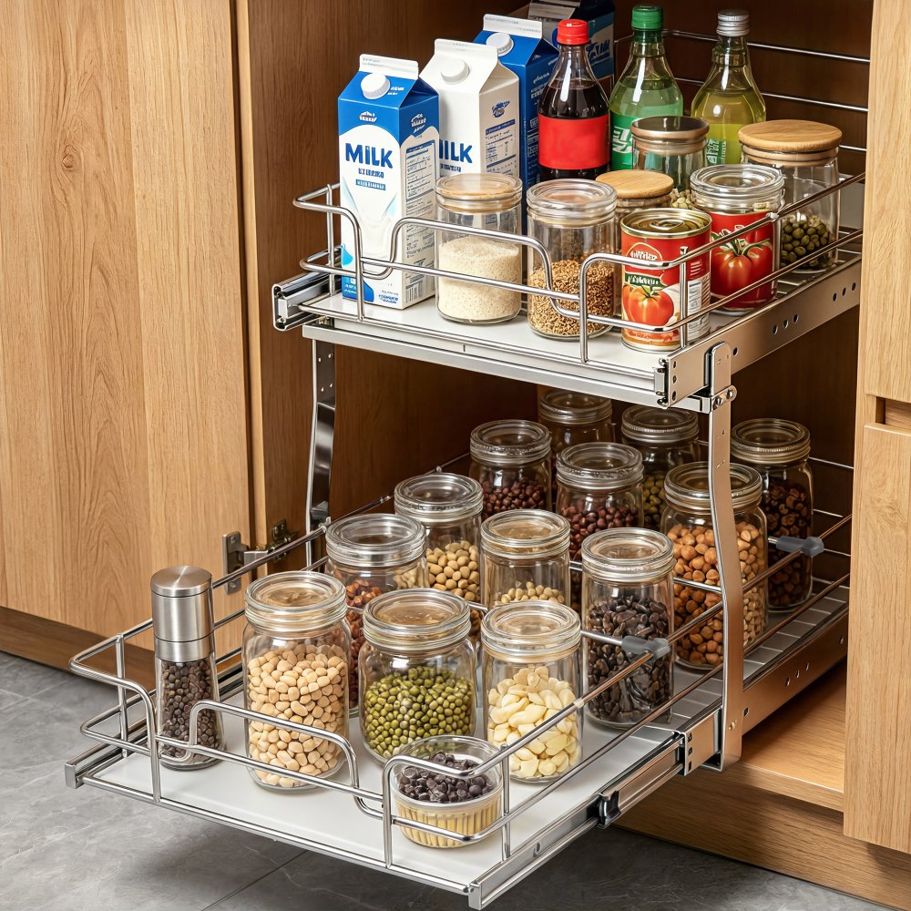 VEVOR 2 Tier 14"Wx21"Dx15"H Pull Out Cabinet Organizer, Heavy Duty Slide Out Pantry Shelves, Steel Roll Out Drawers