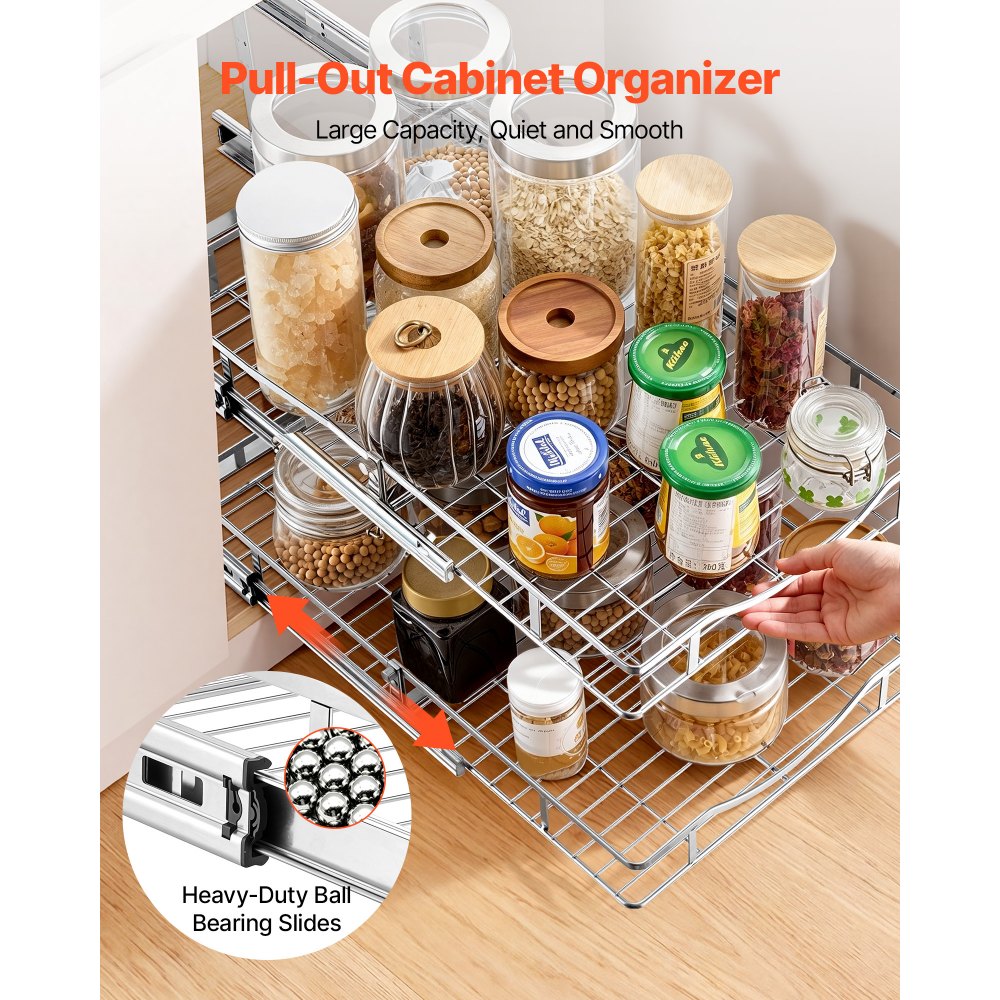 VEVOR 2 Tier Pull Out Cabinet Organizer 14.17"W x 21.06"D Slide Out Drawers, for Kitchen Bathroom Pantry Organization