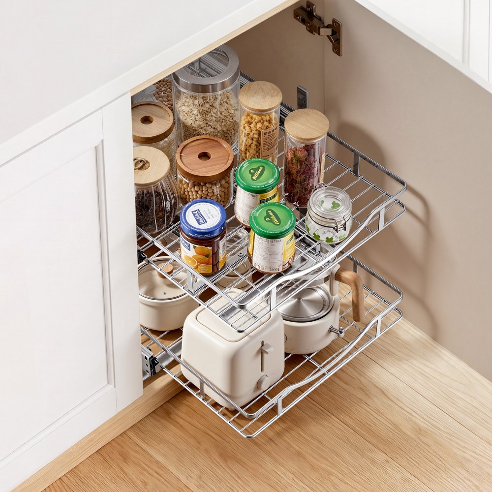 VEVOR 2 Tier Pull Out Cabinet Organizer 14.17"W x 21.06"D Slide Out Drawers, for Kitchen Bathroom Pantry Organization