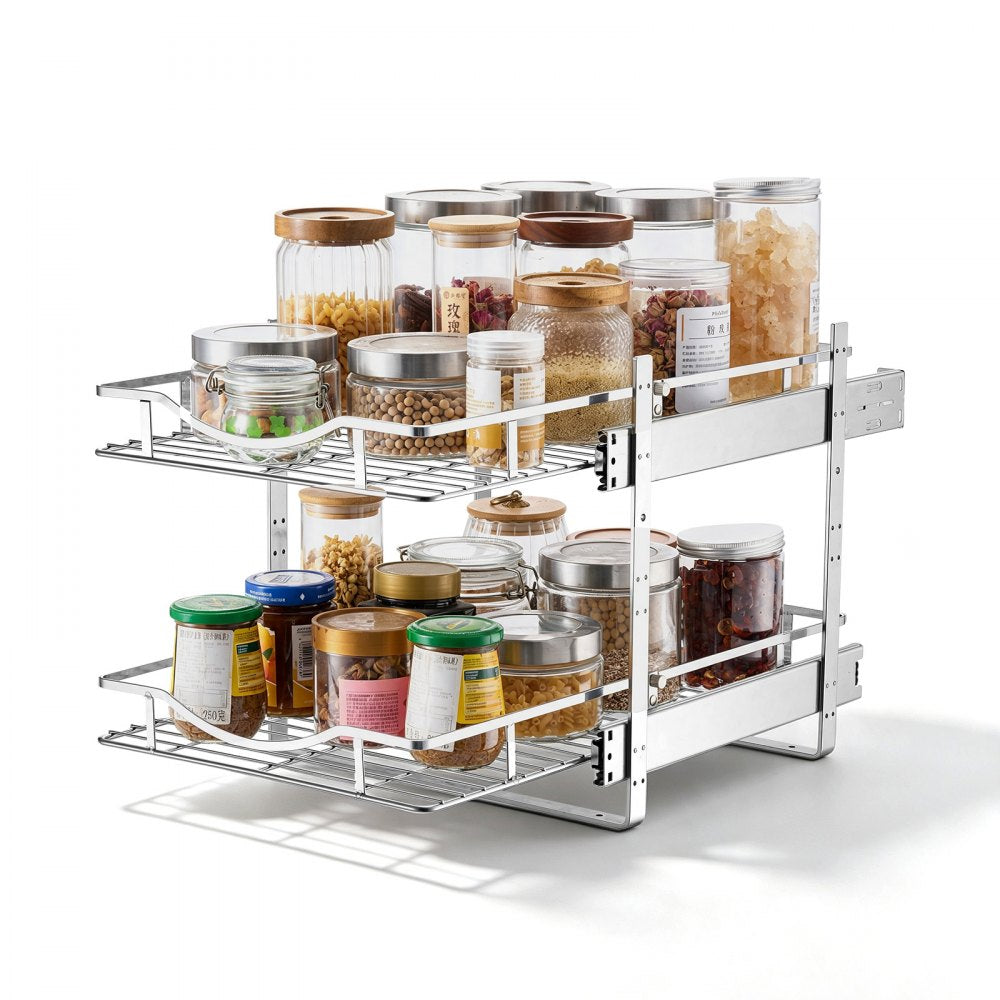 VEVOR 2 Tier Pull Out Cabinet Organizer 14.17"W x 21.06"D Slide Out Drawers, for Kitchen Bathroom Pantry Organization