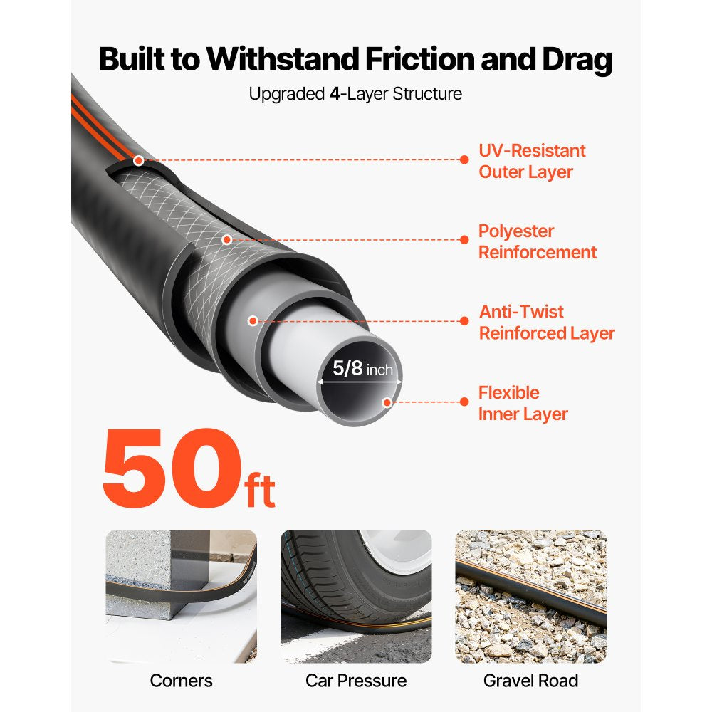 VEVOR Garden Hose, 50 ft 5/8" Heavy Duty 4-Layer Rubber Water Hose, 150PSI Working & 600PSI Burst, Flexible & Non-kink