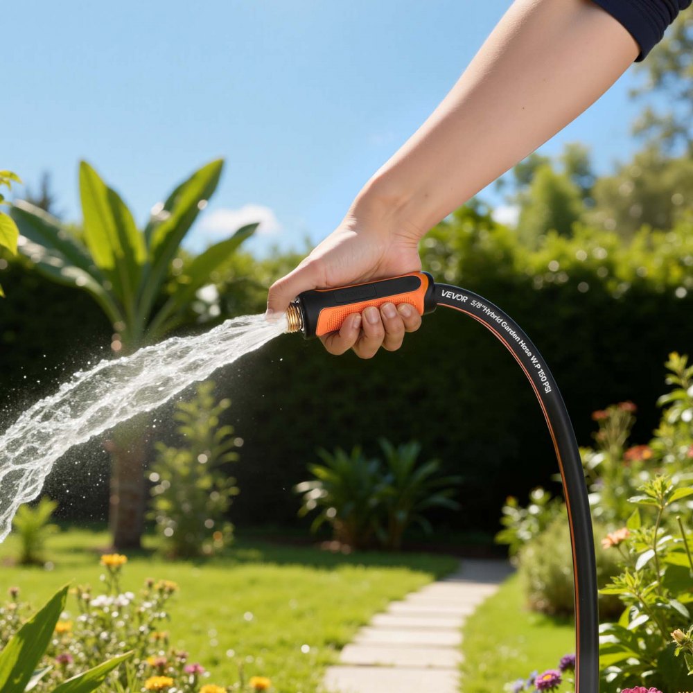 VEVOR Garden Hose, 50 ft 5/8" Heavy Duty 4-Layer Rubber Water Hose, 150PSI Working & 600PSI Burst, Flexible & Non-kink