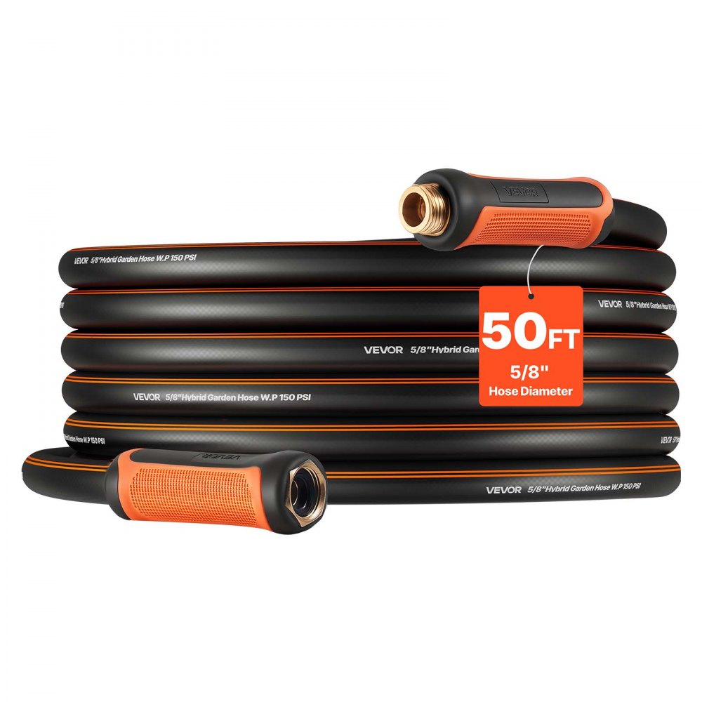 VEVOR Garden Hose, 50 ft 5/8" Heavy Duty 4-Layer Rubber Water Hose, 150PSI Working & 600PSI Burst, Flexible & Non-kink