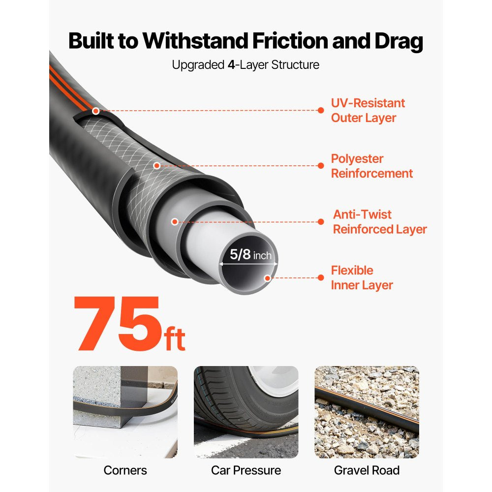 VEVOR Garden Hose, 75 ft 5/8" Heavy Duty 4-Layer Rubber Water Hose, 150PSI Working & 600PSI Burst, Flexible & Non-kink