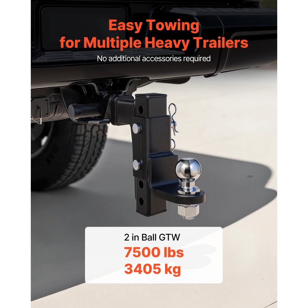 VEVOR Trailer Hitch Ball Mount, Fit 2-Inch Receiver, Adjustable Trailer Hitch with 2 Inch Ball & Pin, 7500 lbs GTW, 9.5