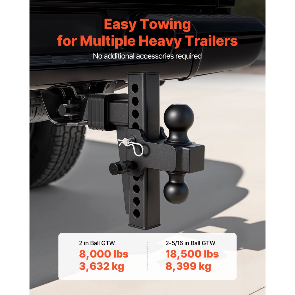 VEVOR Adjustable Trailer Hitch, Fit 2 Inch Receiver, Trailer Hitch Mount with 2 Inch & 2-5/16 Inch Balls, 18500 lbs