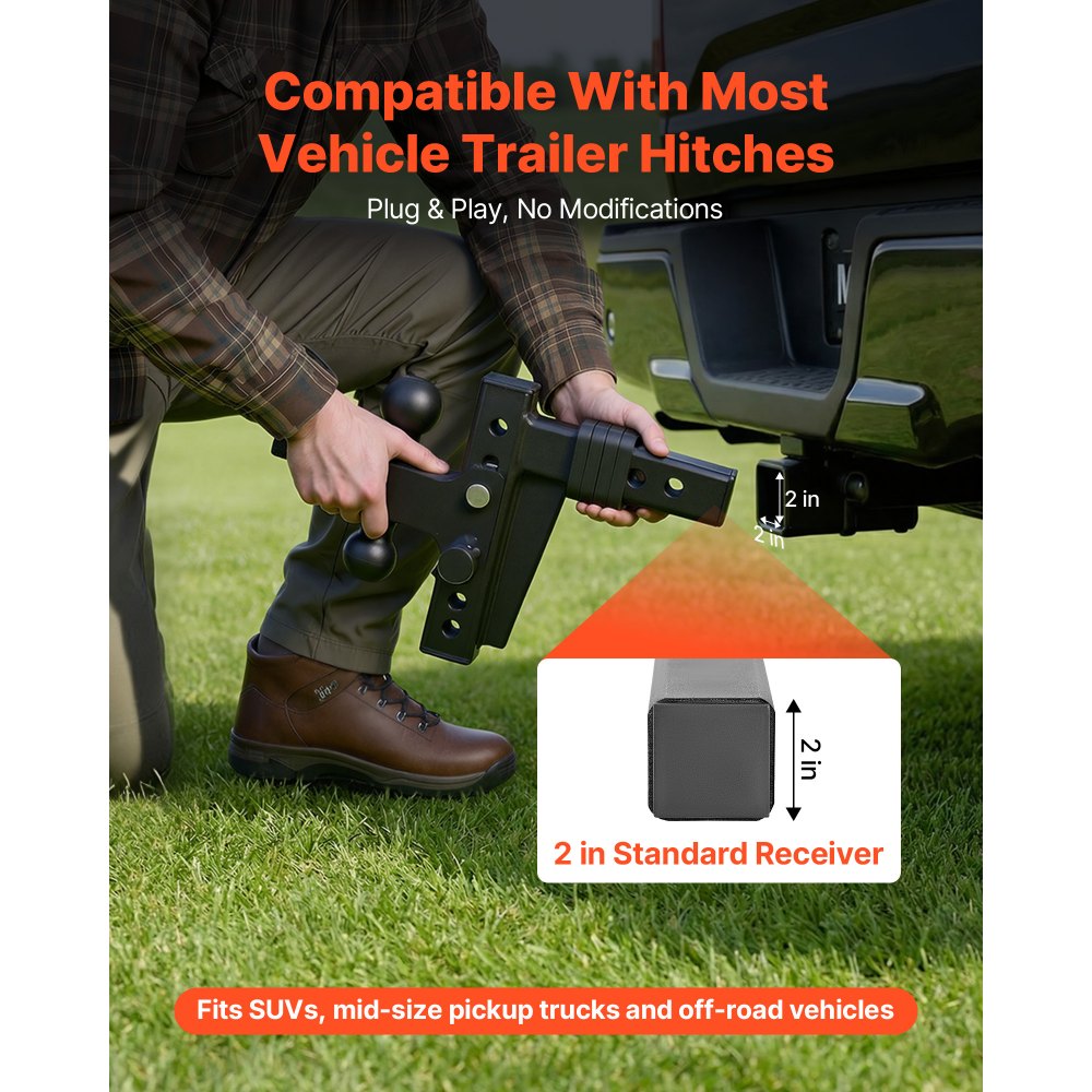 VEVOR Adjustable Trailer Hitch, Fit 2 Inch Receiver, Trailer Hitch Mount with 2 Inch & 2-5/16 Inch Balls, 15000 lbs