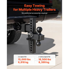 VEVOR Adjustable Trailer Hitch, Fit 2.5 Inch Receiver, Trailer Hitch Mount with 2 Inch & 2-5/16 Inch Balls, 18500 lbs
