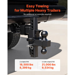VEVOR Adjustable Trailer Hitch, Fit 2.5 Inch Receiver, Trailer Hitch Mount with 2 Inch & 2-5/16 Inch Balls, 21000 lbs